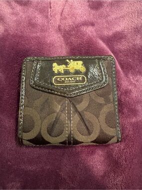 Coach Brown and Gold Signature Compact Wallet